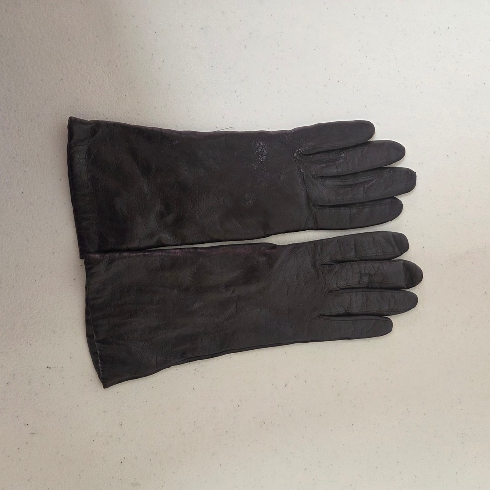 Vtg Womens Dark Brown Leather Mid Length Gloves Lined Winter Formal Accessory
